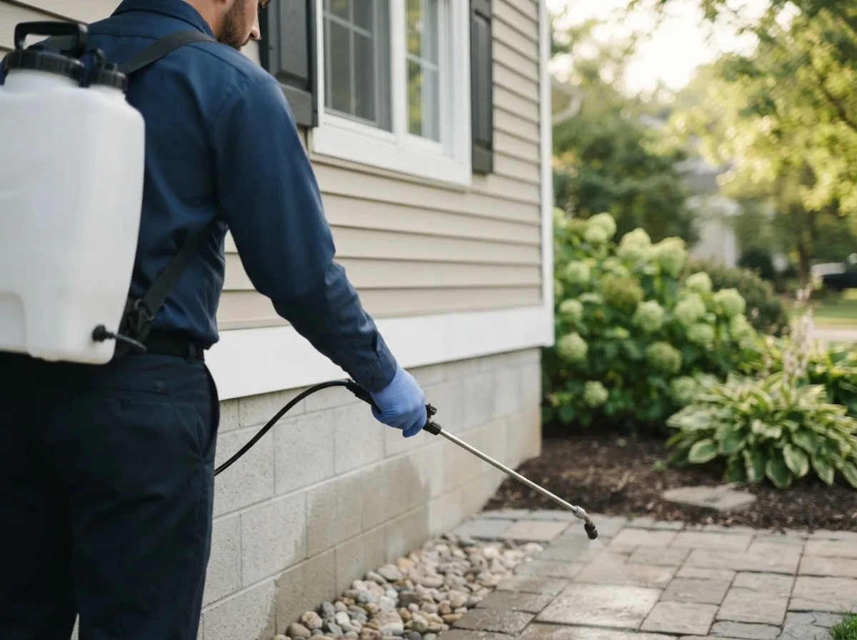 Pest control technician inspecting a home in Patterson, IL